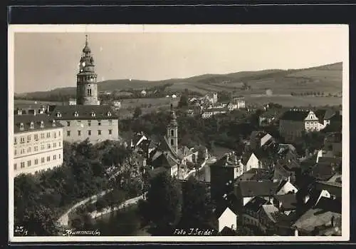 AK Krummau /M., Ortsansicht mit Kirche aus der Vogelschau