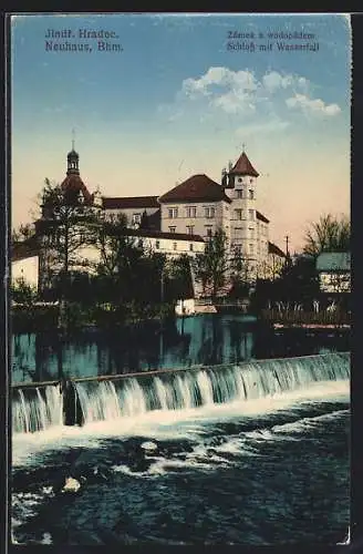 AK Neuhaus /Bhm., Schloss mit Wasserfall