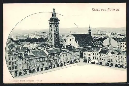 AK Budweis / Ceske Budejovice, Platzpartie mit Stadtturm