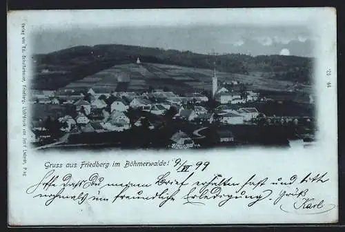 Mondschein-AK Friedberg im Böhmerwald, Ortsansicht mit Kirche