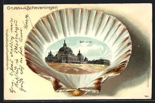 Lithographie Scheveningen, Seinpost auf einer Muschel