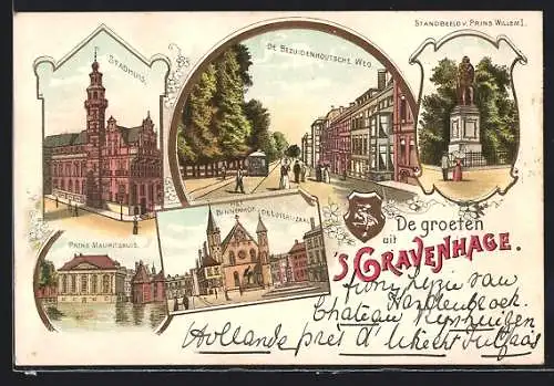 Lithographie `s Gravenhage, Stadhuis, Prins Mauritshuis, Standbeeld v. Prins Willem I.