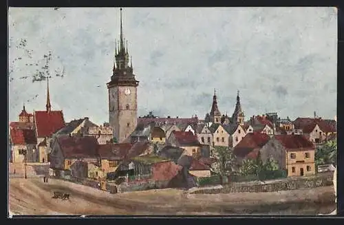 Künstler-AK Pardubice, Teilansicht mit Kirchturm