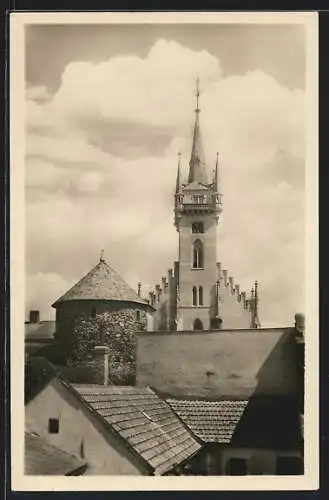 AK Policka, Blick über Dächer zur Kirche