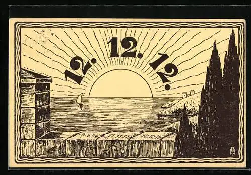 AK Besonderes Datum, 12.12.1912, Sonnenaufgang über dem Meer
