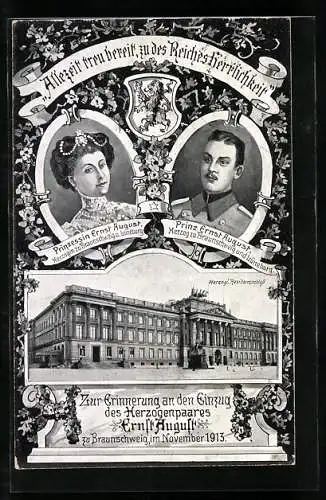 AK Herzogliches Residenzschloss, Zur Erinnerung an den Einzug des Herzogenpaares Ernst August zu Braunschweig 1913