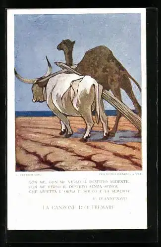 AK Gedicht von G. D`Anunnzio, Ochse und Kamel auf dem Feld