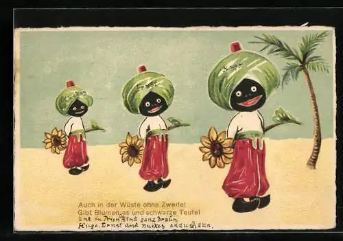 AK Kleine Afrikaner mit Sonnenblumen in der Wüste, Kolonialhumor
