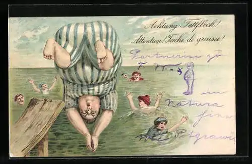 Künstler-AK Übergewichtige Frau im Badeanzug springt ins Wasser