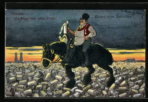 Künstler-AK Biertrinker auf schwarzem Pferd reitet über Bierhumpen