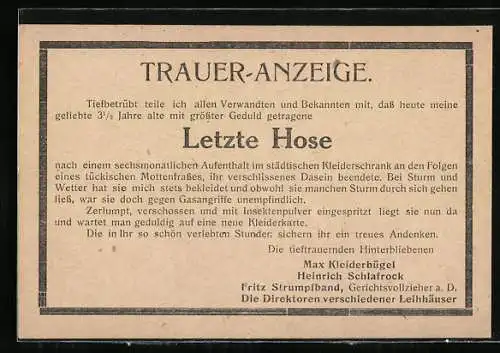 AK Kriegsnot, Trauer-Anzeige für die letzte Hose, nach Mottenfrass verschlissen