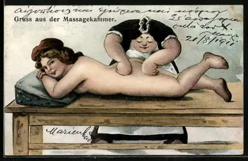 Künstler-AK Nackte Frau bei einer Massage in der Massagekammer
