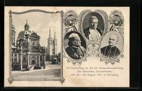 AK Würzburg, 54. Generalversammlung Katoliken Deutschlands 1907, Papst Pius X., Dom & Neumünsterkirche
