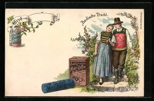 AK Paar in Badischer Tracht, Reklame für Seelig`s Malz-Kaffee