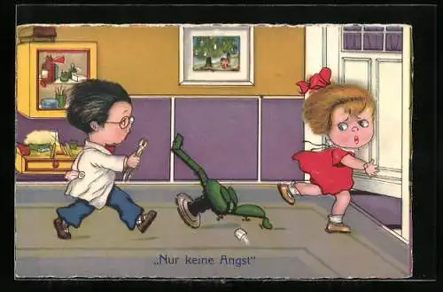 Künstler-AK Fräulein flüchtet vor dem Zahnarzt