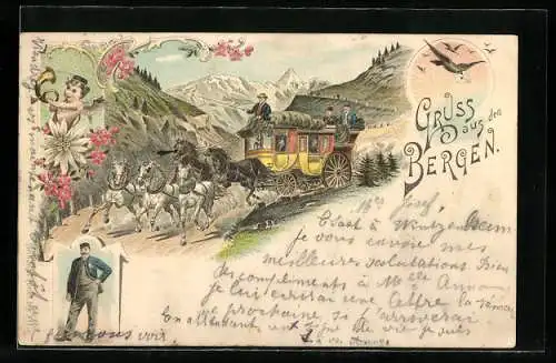 AK Postkutsche in den Bergen, Wanderer