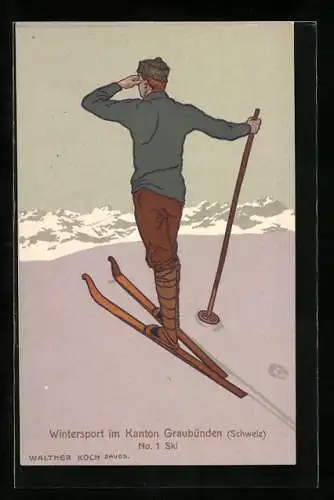 Künstler-AK sign. Walther Koch: Wintersport im Kanton Graubünden, No. 1 Ski