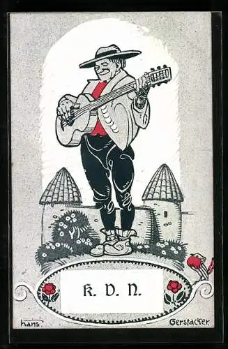 Künstler-AK sign. Hans Gerstacker: KDN, Mann mit Gitarre und Hut