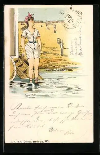 Lithographie Junge Frau in Bademode am Wasser, Herr grüsst mit erhobenem Hut