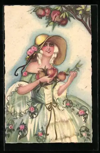 Künstler-AK Schöne junge Frau pflückt frisches Obst, Art Deco