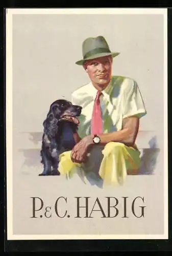AK Reklame für P. & C. Habig, Mann mit rosa Krawatte, Hut und Hund