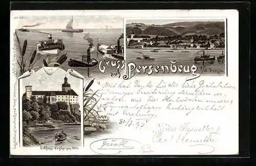Lithographie Persenbeug a.d. Donau, Schloss Erzherzog Otto, Donaudampfer, Ortsansicht