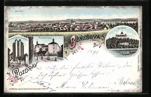 Lithographie Beneschau / Benesov, Piaristska Kolej, Konopist, Totalansicht