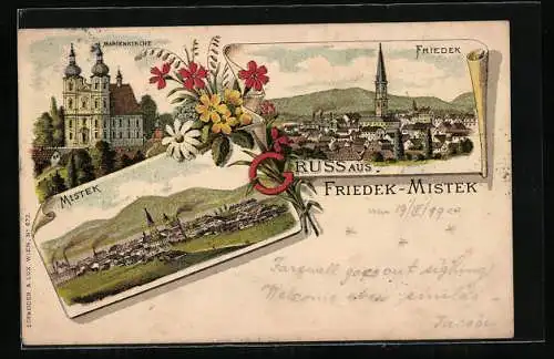 Lithographie Freidek-Mistek, Teilansichten, Marienkirche