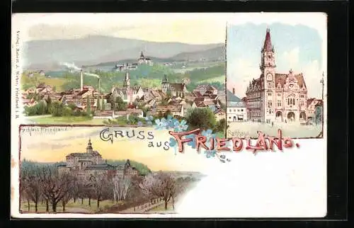 Lithographie Friedland / Frydlant, Schloss und Rathaus