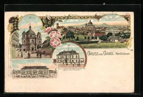 Lithographie Gabel /Nordböhmen, Alte Post, Kirche, Bahnhof