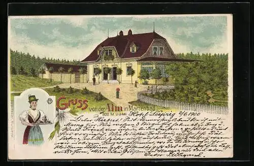 Lithographie Marienbad, Alm mit Gasthaus, Wirtin in Tracht