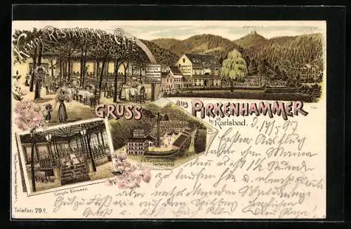 Lithographie Pirkenhammer b. Karlsbad, Restaurant & Cafe Kempf, Garten, Terrasse