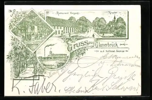 Lithographie Glanerbrück a. d. holländ. Grenze, Restaurant Verspohl, Fabrik, Kloster