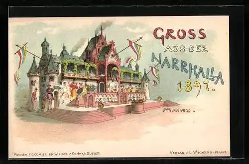 Lithographie Mainz, Blick auf die Narrhalla, Karneval 1897