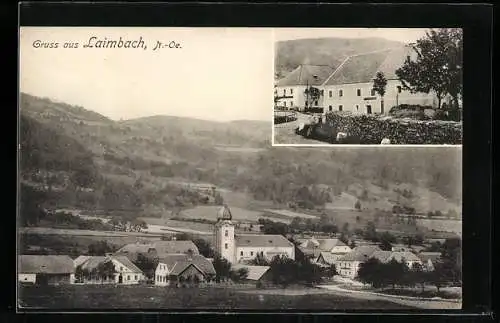 AK Laimbach am Ostrong, Gasthof & Ortsansicht mit Kirche aus der Vogelschau