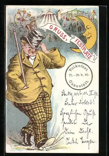 AK Cannstatt, Volksfest 27.-29.9.1897, Besucher des Fests zieht den Hut ins Gesicht, Affe, Mond, Karussel