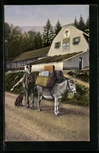 AK Schaufling, Postbote Karl Schmid mit seinem Dienstesel vorm Sanatorium am Hausstein