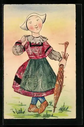 Künstler-AK Frau im Kleid geklebt aus einer Briefmarkencollage