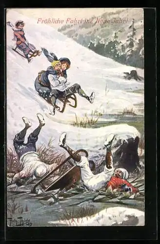 Künstler-AK Arthur Thiele: Fröhliche Fahrt ins Neue Jahr, Schlitten-Fahrer brechen ins Eis ein