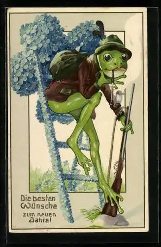 Künstler-AK Frosch als Jäger mit Gewehr auf einer Leiter aus Vergissmeinnicht