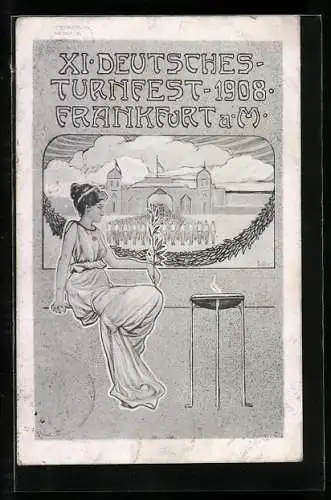 Künstler-AK Frankfurt a. M., XI. Deutsches Turnfest 1908, schöne Frau vor dem Festplatz
