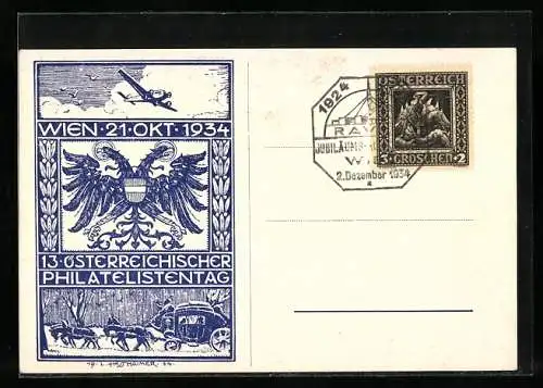 Künstler-AK sign. L. Hesshaimer: Wien, 13. Österreichischer Philatelistentag 1934, Briefmarke mit Flugzeug und Kutsche