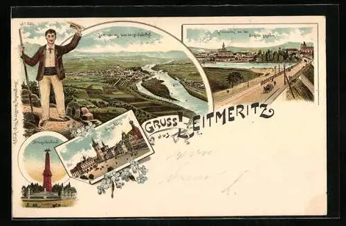 Lithographie Leitmeritz, Ringplatz, Kriegerdenkmal, Bergsteiger hebt seinen Hut