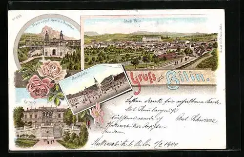 Lithographie Bilin, Marktplatz, Franz Josef-Quelle u. Borschen, Kurhaus