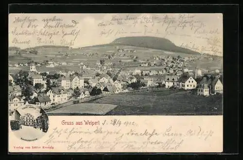 AK Weipert, Hotel Stadt Leipzig in der Bahnhofstrasse, Ortsansicht aus der Vogelschau