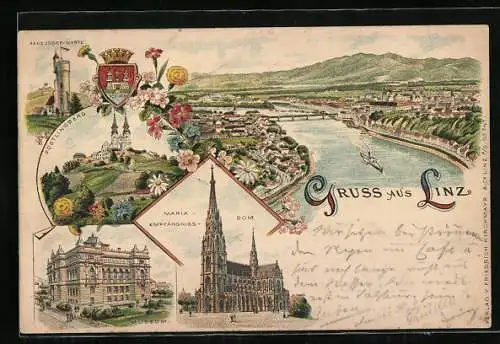Vorläufer-Lithographie Linz, 1894, Museum, Maria Empfängniss-Dom, Pöstlingberg, Blick auf die Stadt