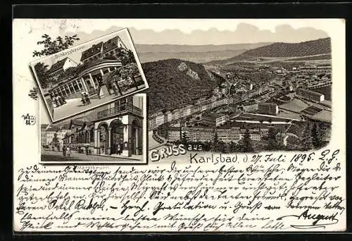 Vorläufer-Lithographie Karlsbad, 1895, Panorama, Schlossbrunn, Marktbrunn