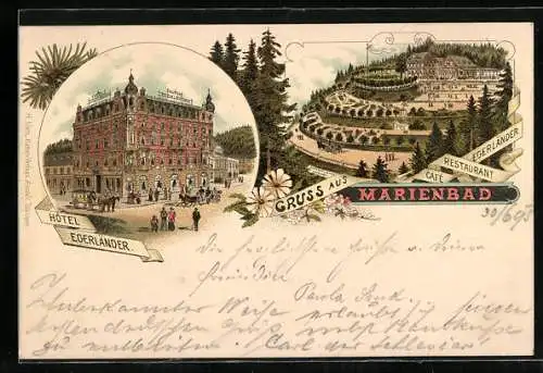 Vorläufer-Lithographie Marienbad, 1895, Hotel Egerländer, Restaurant Cafe Egerländer