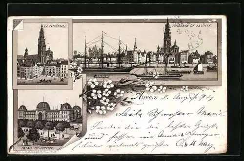 Vorläufer-Lithographie Anvers, 1894, La Cathédrale, Panorama de la Ville, Palais de Justice