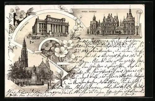 Vorläufer-Lithographie Anvers, 1894, Nouveau Musee, Banque Nationale, Monument Rubens et la Cathedrale